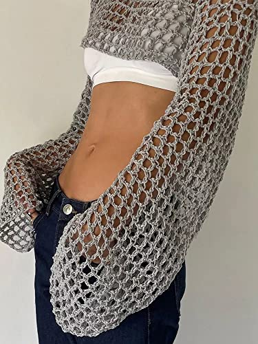 Image of PICPUNMAK Women Grunge Crochet Knit See Through Crop Top Cover Up Shrug Long Sleeve Crew Neck Casual Cropped Smock Tops Grey