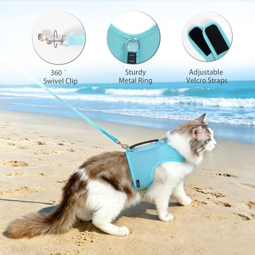 Image of Kitty Harness and Leash for Walking Escape Proof Breathable Mesh Fabric, Turquoise, Small, Adjustable Cat Walking Jackets with Handle, Padded Stylish Cat Vest