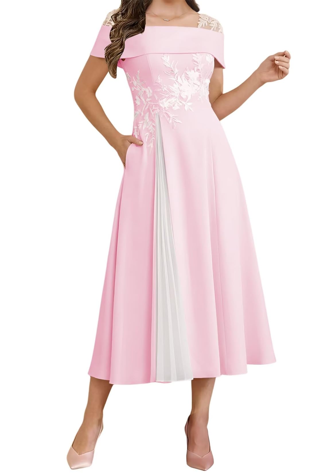 Wisiyle Women's Light Pink Lace Applique Bridesmaid Dresses Cap Sleeve Prom Mother Of The Bride Dress A Line Wedding Formal Gowns Wql011 Uk16