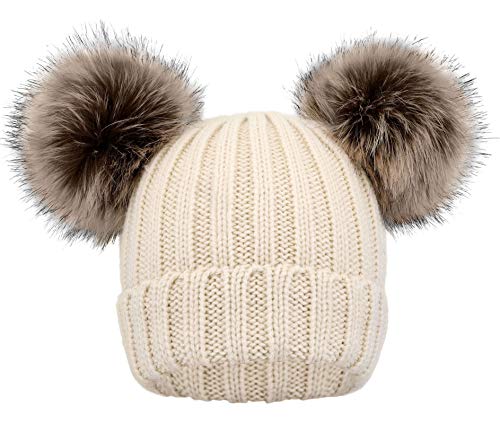 Simplicity Beige Beanie Kids Soft Boys Beanie with Pom Cute Toddler Pom Pom Hat Elastic Girls Hat Plush Lining Warm Ball Pom Beanie Hat Cap, Beige