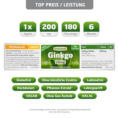 Ginkgo biloba, hochdosiert, 200mg - 180 Tabletten, vegan. Presslinge mit reinem Blatt-Extrakt – mind 24% Flavone. OHNE künstliche Zusätze - laborgeprüft. Von Greenfood. – Bild 3