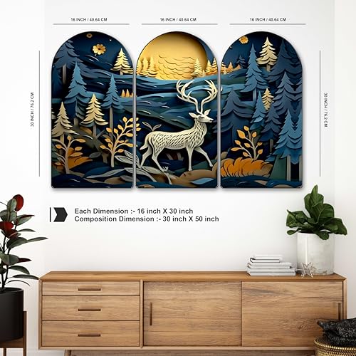 Image of Livin'luxe Blue Forest Deer Arch Shape Wall Painting Set of 3 | Night Landscape Art | MDF Textured Panels for Living Room, Bedroom, Hall & Home Wall Decoration (30 x 50 Inch) RPNL-35385