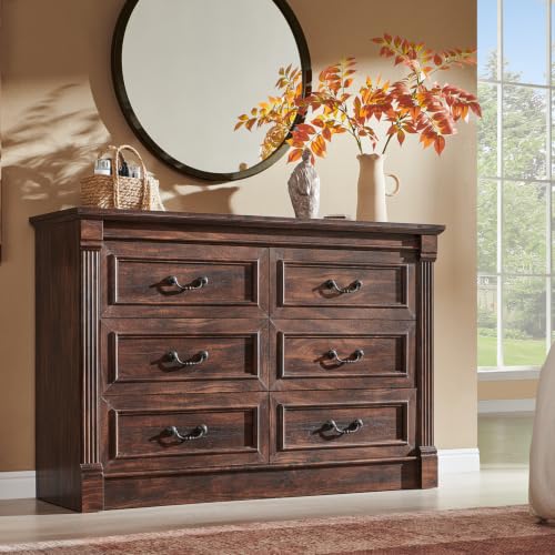 Image of Aitjunz Farmhouse 6 Drawer Dressers for Bedroom, 47'' Wide Dresser & Chests of Drawers w /Roman Columns, Horizontal Wooden TV Stand Dresser w /Metal Handle for Bedroom, Hallway, Living Room, Brown