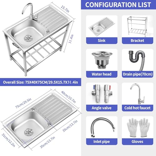Outdoor Utility Sink,Free Standing Stainless Steel Laundry Tub, Single Bowl Portable Washing Hand Basin Station,with Cleaning Table&Storage Shelves for Garage, Restaurant, Kitchen,Camping, Backyard(Do