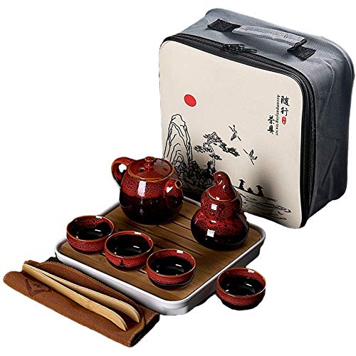 Ceramic Kungfu Tea Set,Portable Travel Tea Set with Teapot,Teacups,Tea Canister,Tea Tray and Travel Bag,Suitable for Travel, Home,Outdoor and Office (Red)