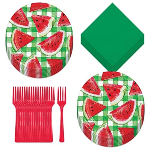 Watermelon Party Green Checkered Gingham Melon Slice Paper Dessert Plates, Beverage Napkins, and Forks (Serves 16) Cover
