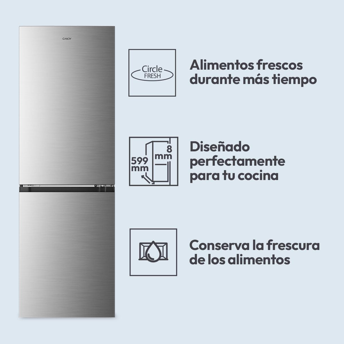 CANDY Fresco Style CNCQ2T6S18DX, Frigorífico Combi, Ancho 59,5cm, Altura 185cm, 315L, Total No Frost, Motor Inverter, Cajón Humidity, Control Digital Interno, Luz LED, Puertas Reversibles, Inox