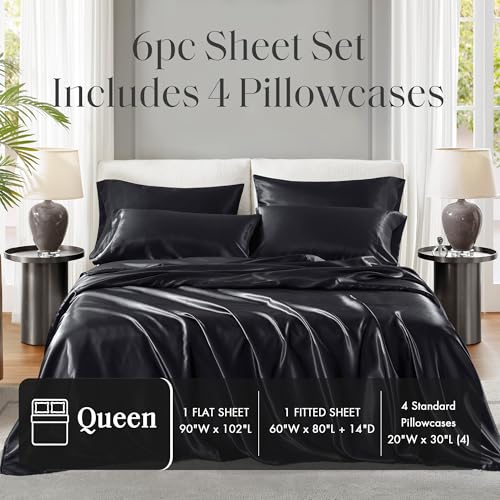 Image of Madison Park Essentials Satin Sheets Queen Size Bed Set, 6 Piece, Black