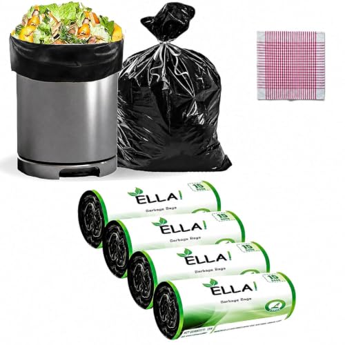 Image of Ella Garbage Bags 24x32 Inches Large 60 Bags 4 Rolls | Leak Proof & Tear Resistant Trash Bags for Kitchen Home & Commercial Use | Dustbin Bags For Dry & Wet Waste With Free Check Duster Cloth-Black