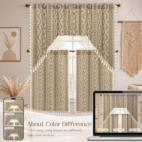 Image of Yinhua Boho Swag Valance Curtains Vintage Linen Valances for Windows Light Filtering Floral Kitchen Valance Rod Pocket Rustic Tassel Window Valances for Bathroom Cafe, 60 inch W x 36 inch L, Beige Brown