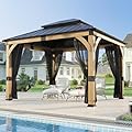 ZIENLIFE 10X 12 FT Permanent Wood Gazebo with Sunlight Roof, Hardtop Gazebo with Galvanized Steel Double Roof and Mosquito Netting, Heavy Duty Pavilion for Patio Lawn and Garden