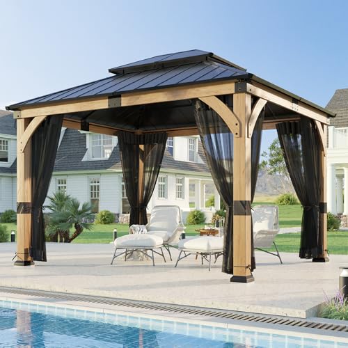 ZIENLIFE 10x12 ft Cedar Wood Gazebo with Translucent roof, Hardtop