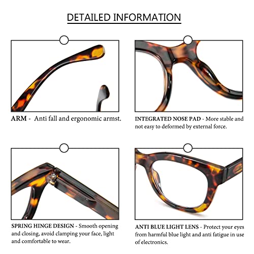 MMOWW Oversized Reading Glasses 3 Pack for Women Blue Light Blocking with Spring Hinge Computer Readers Ladies (Black + Blue + Brown Tortoiseshell - Image 3