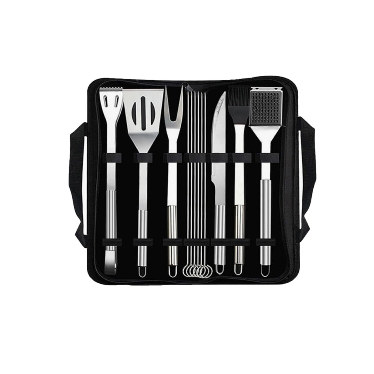 jojofuny 12 Piezas Kit de Herramientas para Barbacoa, Utensilios de Barbacoa de Acero Inoxidable, Negro, con Bolsa de Almacenamiento, Espátula, Pinzas, Brochetas, para Camping y Uso