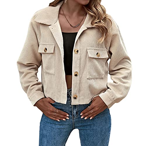 Zontroldy Womens Fashion Cropped Corduroy Plaid Shacket Jacket Button Down Long Sleeve Crop Shirts Jackets Tops
