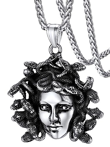 FaithHeart Greek Poseidon/Medusa Pendant Necklace for Men Women, Silver/Black/Gold Stainless Steel Ancient Greece Protection Necklace Mens Amulet Jewelry