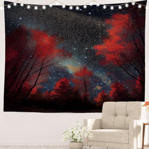 Tapisserie d'automne forêt d'érable et ciel étoilé en polyester blanc Batmerry
