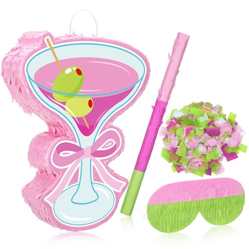 Harloon Pink Martini Piñata with Stick Blindfold Confetti Margarita Bachelor Party Decorations Cocktail Wine Glass for Margs Matrimony Birthday Martini Party Supplies