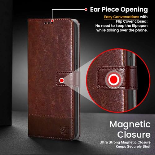 Image of FLIPPED Vegan Leather Flip Case Back Cover for Samsung Galaxy S25 Ultra 5G (Flexible, Shock Proof | Hand Stitched Leather Finish | Card Pockets Wallet & Stand | Tan with Brown)