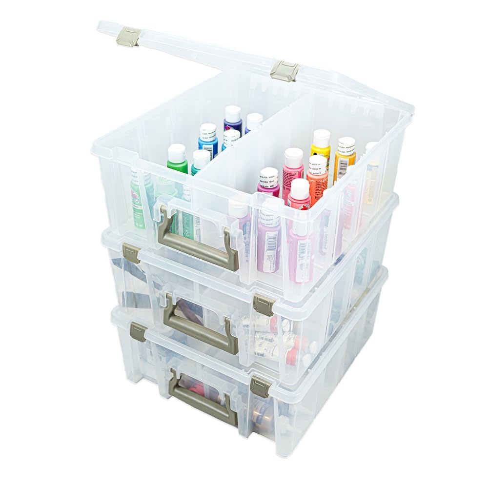 6990ZZ Super Satchel Double Deep 3-Pack, Portable Art & Craft Organizers with Handles, [3] Plastic Storage Cases, Clear & Gold