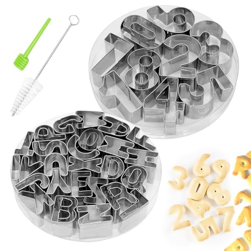 PWGHWG 35 Stück Buchstaben Ausstecher Edelstahl Alphabet und Zahlen Ausstechformen für Kekse Fondant, mit Reinigungsbürste und Entformungsstab