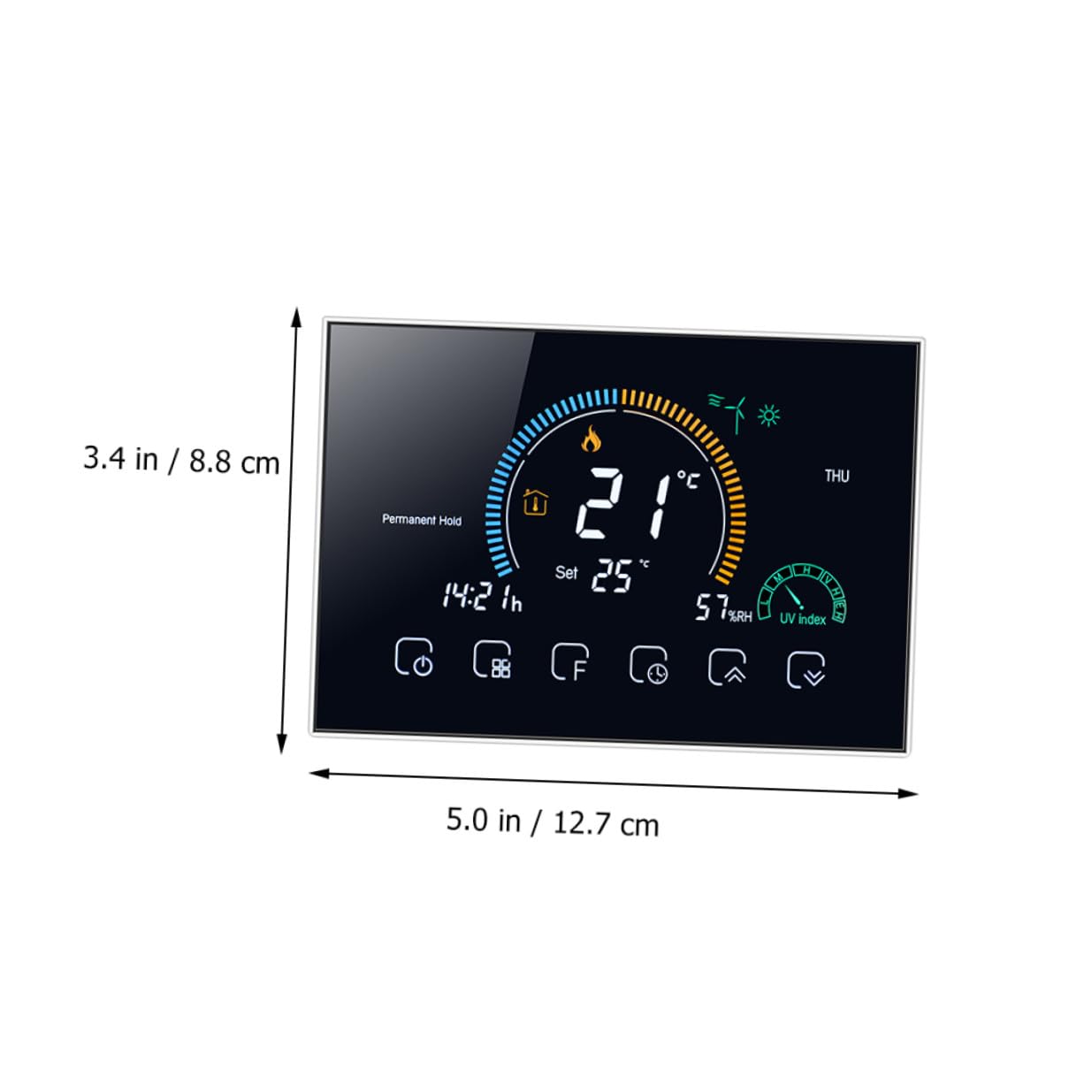 Intelligenter Raumthermostat 95-240v mit 5a Schwarz, Touchscreen | 4, 8 Zoll Lcd, 5-35℃ Einstellbereich, 86mm Kassette und 60mm Rundbox