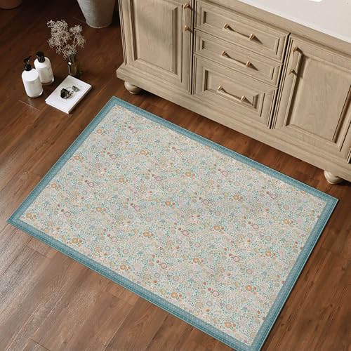 Tapete floral 2x3 azul lavable anti-deslizante miniatura 6