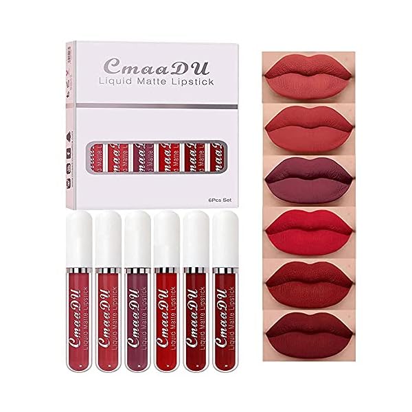 evpct CmaaDu 6Pcs Lipstick Matte Liquid Lipstick Lipgloss Set for Women, Dark Deep Bright Ruby Sexy Brick Red Mauve labiales mate 24 horas originales matte larga duracion 24 Hour Lipstick Long Lasting