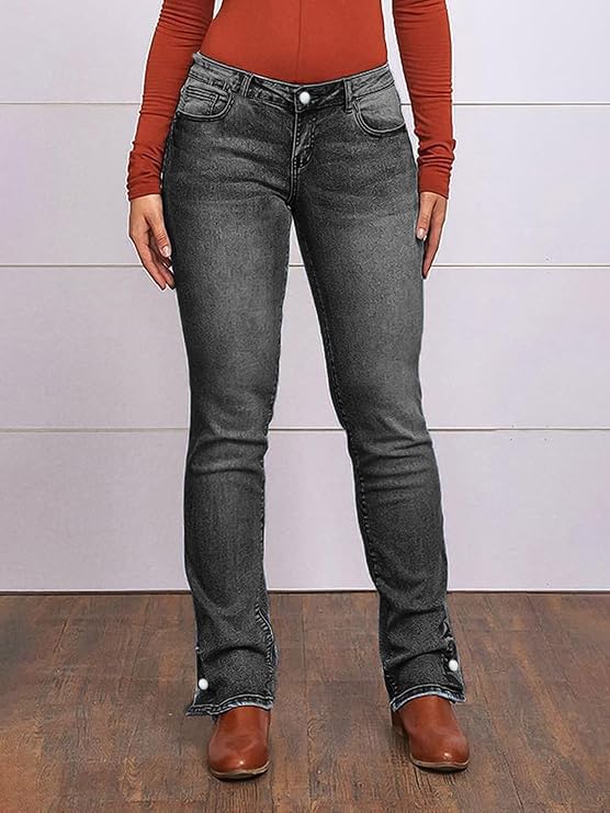 Women's Classic Bootcut Jeans, Light Wash Denim, Button Hem Detail2