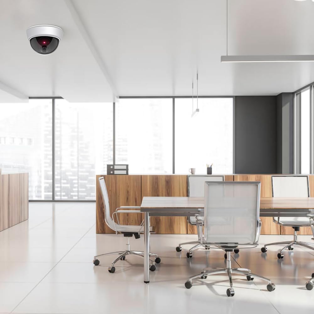 ERWEY Set di 2 finte telecamere di sicurezza con obiettivo, video sorveglianza per messa in sicurezza delle merci, telecamera falsa con luce LED rossa per parete e soffitto