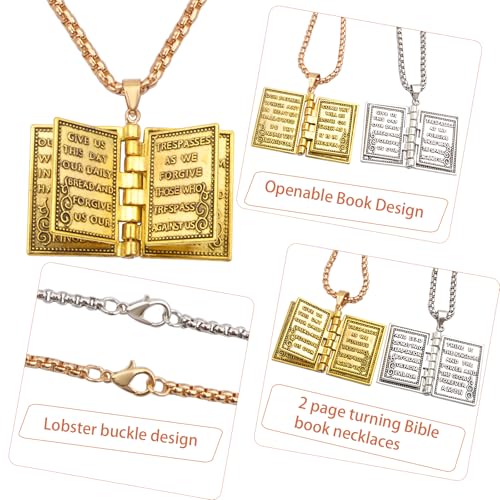 2pcs Holy Bible Book Pendant Necklaces Openable Prayer Bible Verse Metal Pages Inside Vintage Religious Christian Necklace Jewelry for Men Women Christmas3