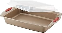 Vista 13 de Rachael Ray Cucina Nonstick Bakeware Set Baking Cookie Sheets Cake Muffin Bread Pan, 10 Piece, Latte Brown with Cranberry Red Grips