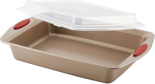 Miniatura 13 de Rachael Ray Cucina Nonstick Bakeware Set Baking Cookie Sheets Cake Muffin Bread Pan, 10 Piece, Latte Brown with Cranberry Red Grips Latte Brown with