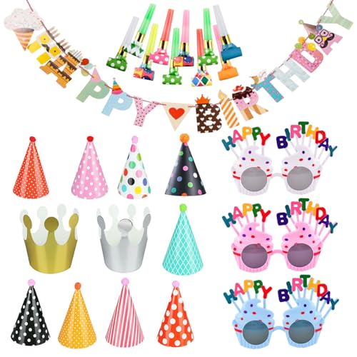 GWAWG 25Pcs Set de Fête d'Anniversaire - 11 Chapeaux en Forme de Cônes, 10 Souffleurs, 3 Verres pour Enfants et Adultes