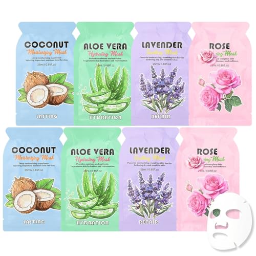 8 Stück Gesichtsmaske Set, Tuchmasken Gesicht Beruhigend, Feuchtigkeitsmaske mit Kokos, Tuchmaske Verbessern sie Fahle Haut, Gesichtsmasken für Verschiedene Hautbedürfnisse, Mask Geschenke für Frauen