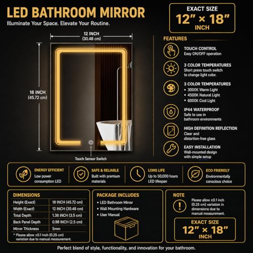 Image of LED Smart Bathroom Mirror with Touch Sensor | 3-in-1 Light Modes - Warm White | Cool White & Natural Light | Office and Home Use (Portrait, 12x18)