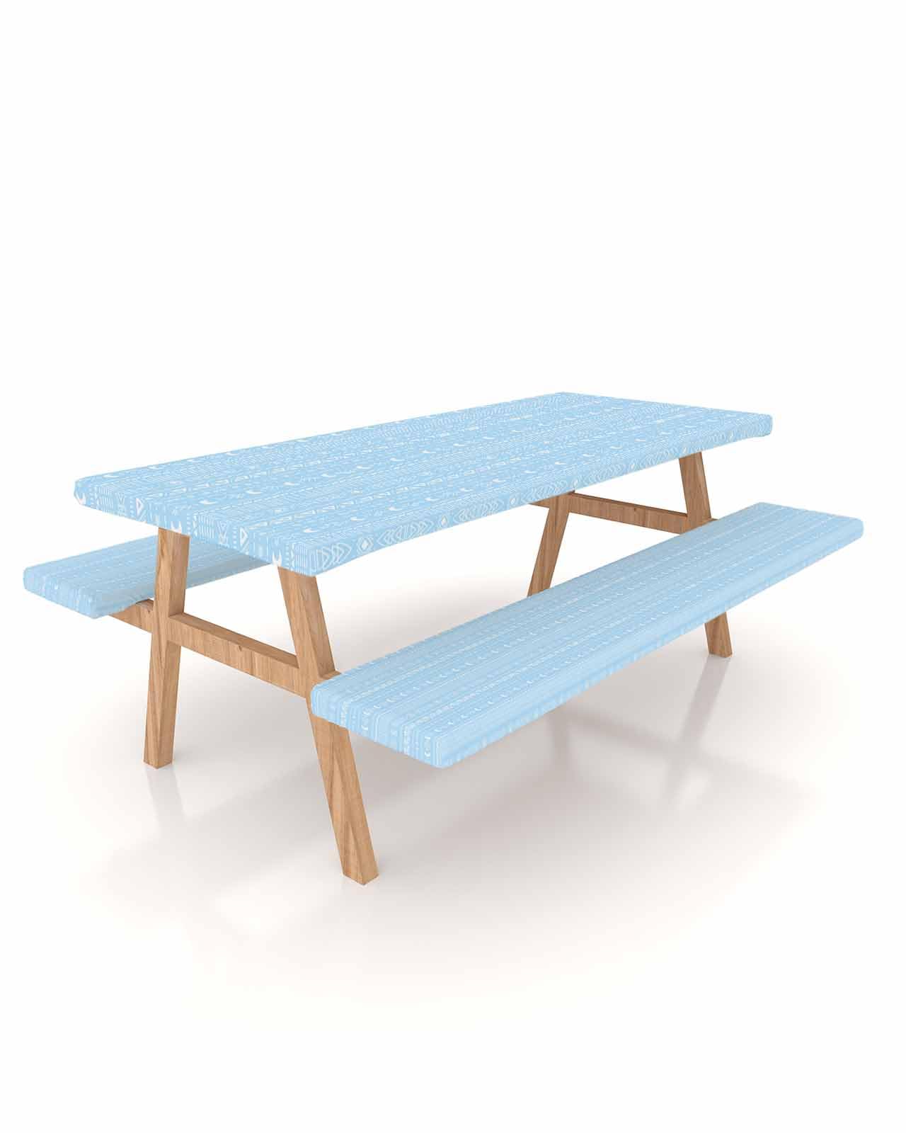 ARTSHOWING Picnic Table Cover with Bench Covers Elastic Bohemia Tablecloth for 6 FT Table Waterproof Boho Style Hand Drawn Lines Blue Table Cover 72 Inch 3 Pcs Camping Essentials for Outdoor