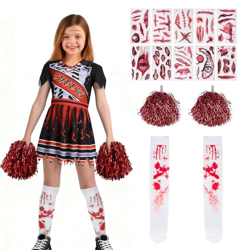 STEFUEWILL17 Halloween Kostüm Cheerleader Kinder – Cheerleader Kostüm Kinder Halloween Zombie, Halloween Kostüm Mädchen Cheerleaders Horror, mit Pompoms und Socken für Karneval Party,130cm
