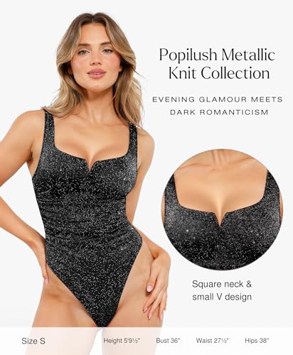 Popilush Sparkly Tops for Women - Square Neck Shapewear Bodysuit Tummy Control Sleeveless Body suit Going Out Tank Tops3