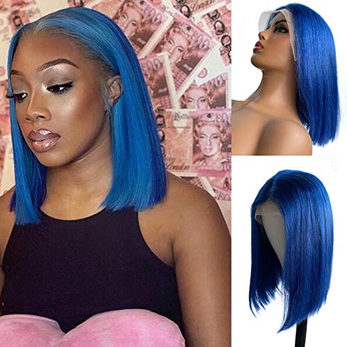 12 Inch Blue T Part Lace Front Bob Wigs Colored Straight Human Hair Wig 13x4x1 Pre Plucked Brazilian Virgin Hair Bob Wig 180% Density