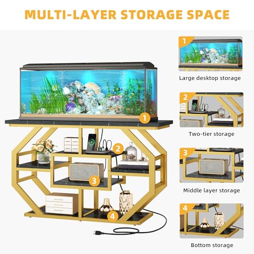 DWVO 55-75 Gallon Aquarium Stand with Power Outlet, Display Stand for Turtle Tank, Reptile Terrarium, Metal Fish Tank Stand Suitable for Living Room, Entryway, 860LBS Capacity, Black & Gold