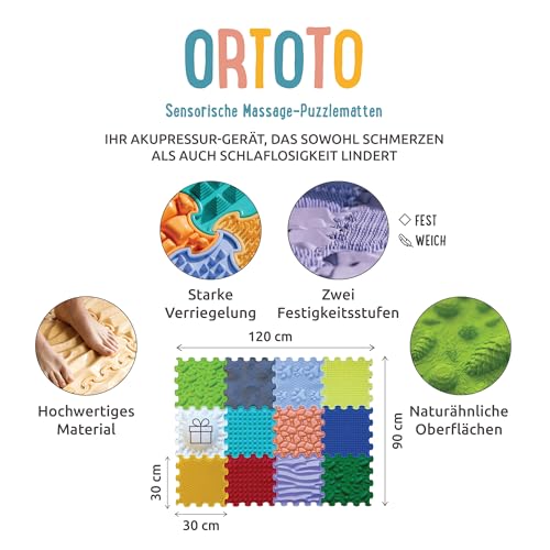 ORTOTO 12 Massage-Puzzle-Bodenmatten, orthopädische Spielmatte für Kinder, sensorisches Spiel, ineinandergreifende Bodenfliesen, Puzzlematten-Set (All-IN-ONE)