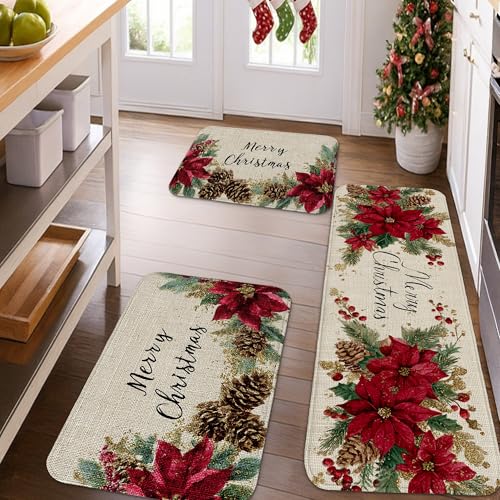 Tapetes de cocina de Pascua de Navidad para piso, tapetes suaves rústicos vintage, acolchados, cómodos, lavables, antideslizantes, para fregaderos de cocina, lavandería, baño, 3 piezas