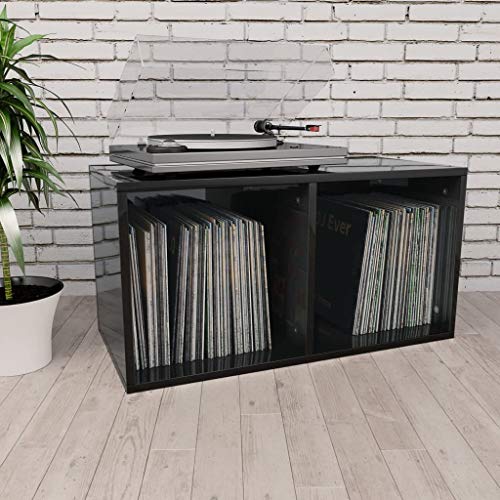 UnfadeMemory Caja de Almacenamiento para Discos de Vinilo para Mantener Organizada Colección de Música,Caja de Transporte,Armario para Oficina o Estudio,Madera Aglomerada,71x34x36cm (Negro Brillante)