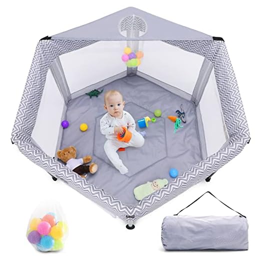 YOOFOR Baby Playpen Portable Play Yard for Toddlers, Sturdy Hexagon Play Area with Ocean Balls, Indoor & Outdoor Kids Activity Center, Infant Safety Gates with Breathable Mesh