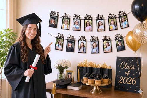 Image of PartyHooman Graduation Photo Banner K-12, Kindergarten to 12th Grade for Middle /Junior, High /Senior Graduation Decorations 2026 | Class of 2026 Party Decorations |Pictures Party Supplies (Pre-strung)