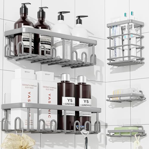 Image of YASONIC Shower Caddy Adhesive, 100% Rustproof Shower Organizer with Soap and Toothbrush Holder, Large Capacity Shower Shelves for Inside Shower, No Drill Shower Storage for Home (5 Pack Grey)