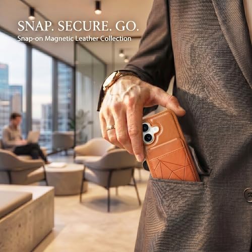 Image of amazon basics Premium Vegan Leather Back Cover with Card Holder and Integrated Mobile Stand for iPhone 17 - Slim Shockproof Wallet Case with Geometric Stitching [Tan]