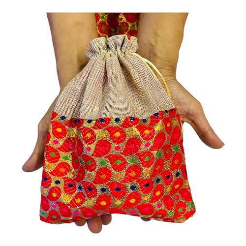 Image of KRIWIN Pack of 20 pcs Big Size Brocade & Jute Potli Gift Bags (23 X 18 cm) Red & Beigeb 500 gr capacity