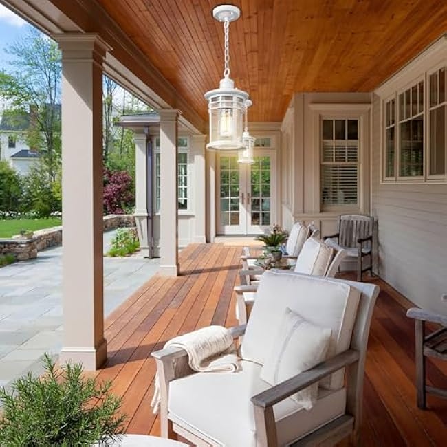 Darkaway Outdoor Pendant Lights for Porch, Outdoor Chandelier Hanging Porch Lights Ceiling Mount Aluminum with Seeded Glass for Front Porch Gazebo Patio (Medium, White)